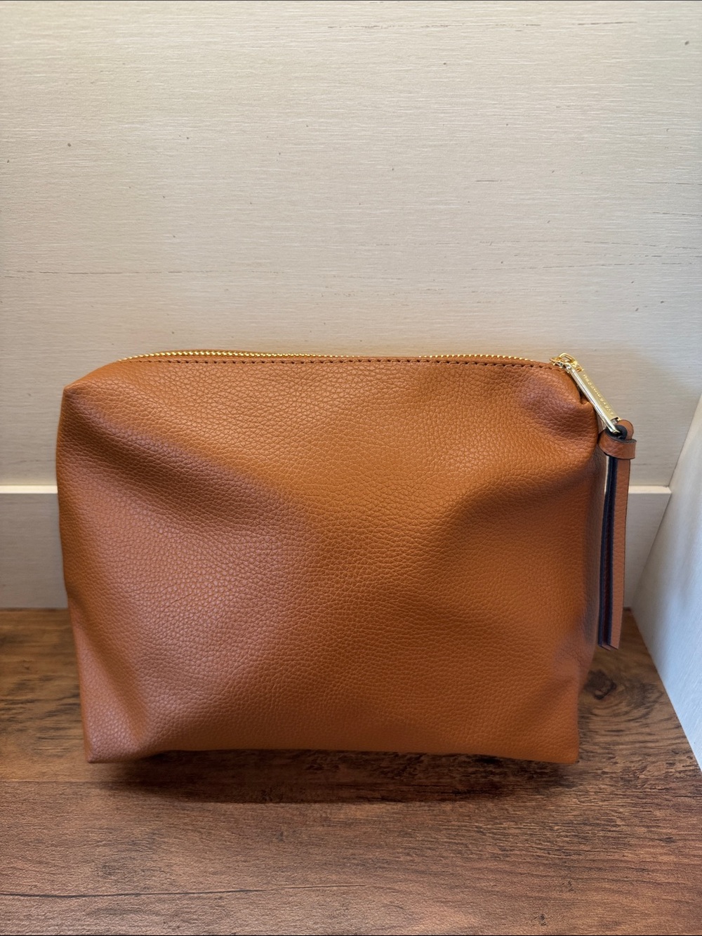 Steve Madden Cognac Tan Pebbled Vegan Leather Zip Pouch Clutch 10"